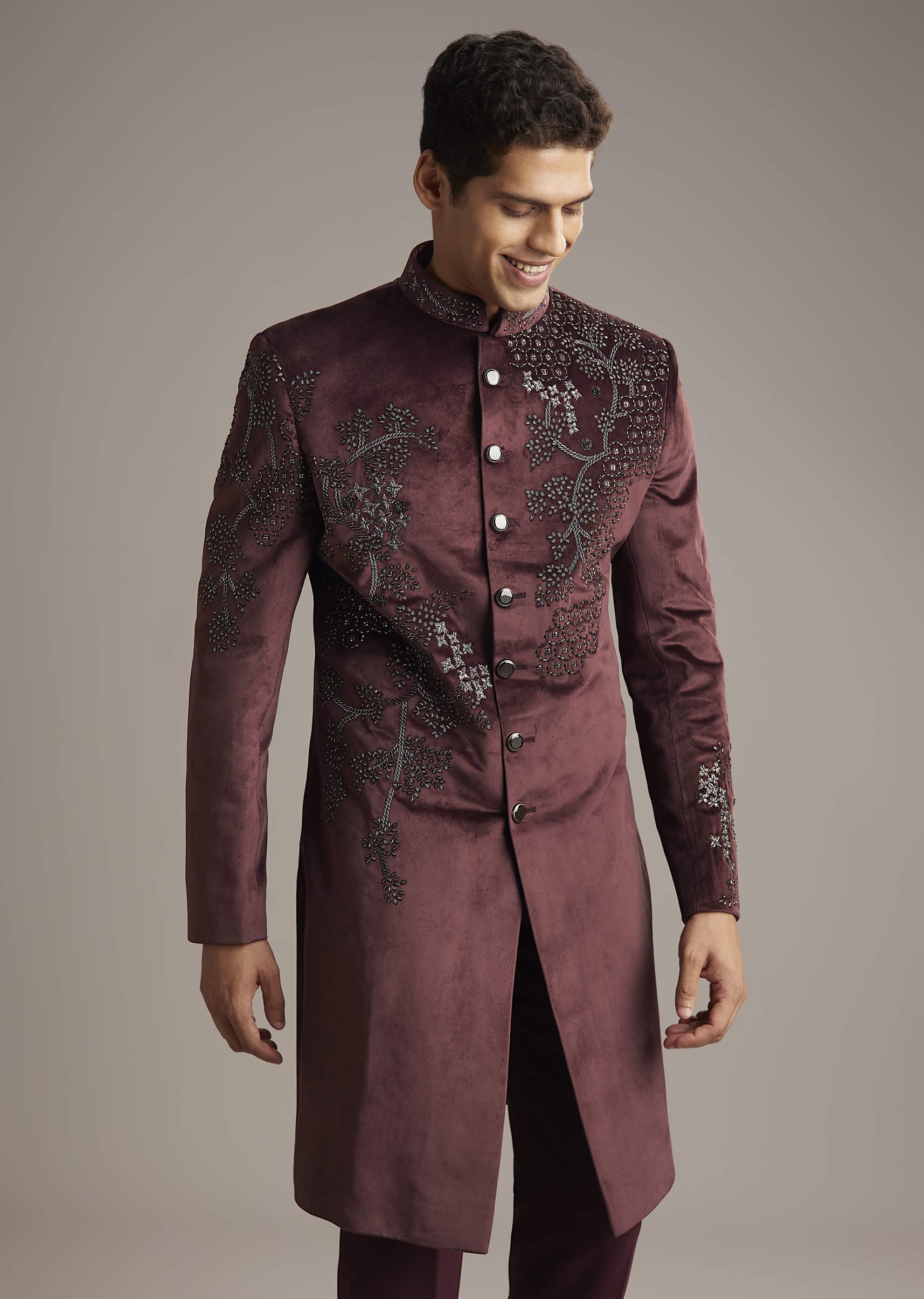 Wine Velvet Indo Western Set For Men With Intricate Hand Embroidery