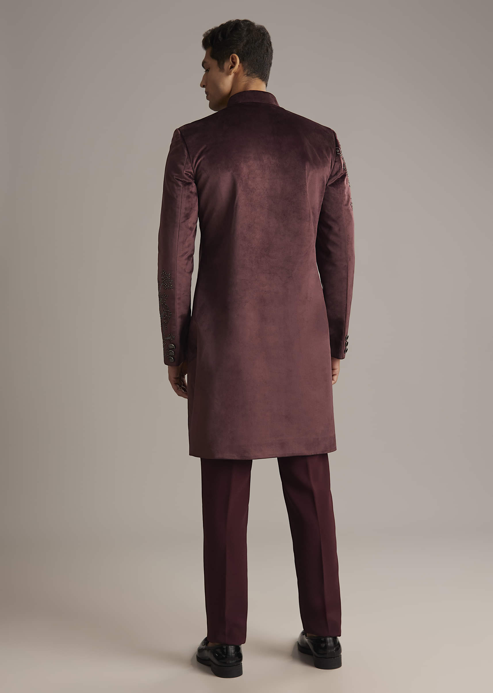 Wine Velvet Indo Western Set For Men With Intricate Hand Embroidery
