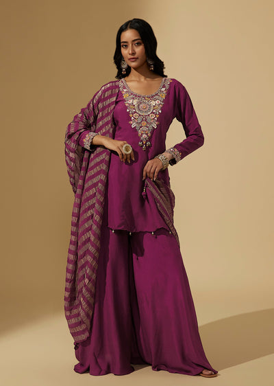 Wine Zardosi Embroiodered Yoker Palazzo Suit With Printed Dupatta