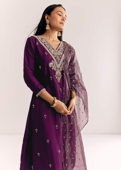 Wine Zardosi Work Dola Silk Kurta Suit With Organza Dupatta