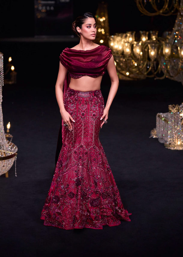 Wine Opulent Fish Cut Lehenga And Embellished Jacket Duo