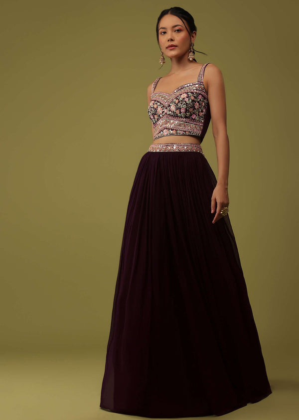 Wine Purple Santoon Crop Top And Palazzo Set With Floral Embroidery