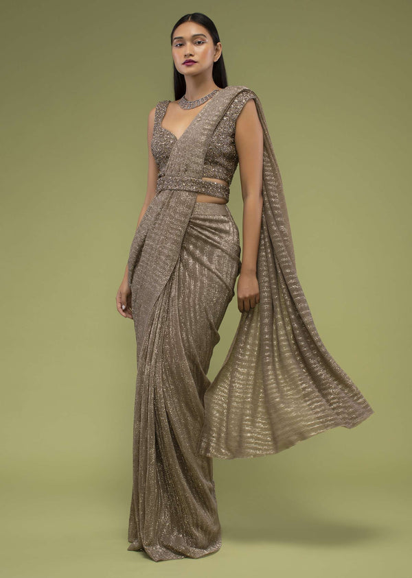 Wood Smoke Ready-Pleated Saree In Shimmer Crush, Paired With The Crop Top In Sleeveless With A Sweetheart Neckline