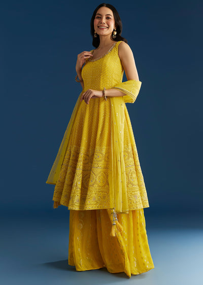 Yellow A Line Georgette Kurta Palazzo Suit