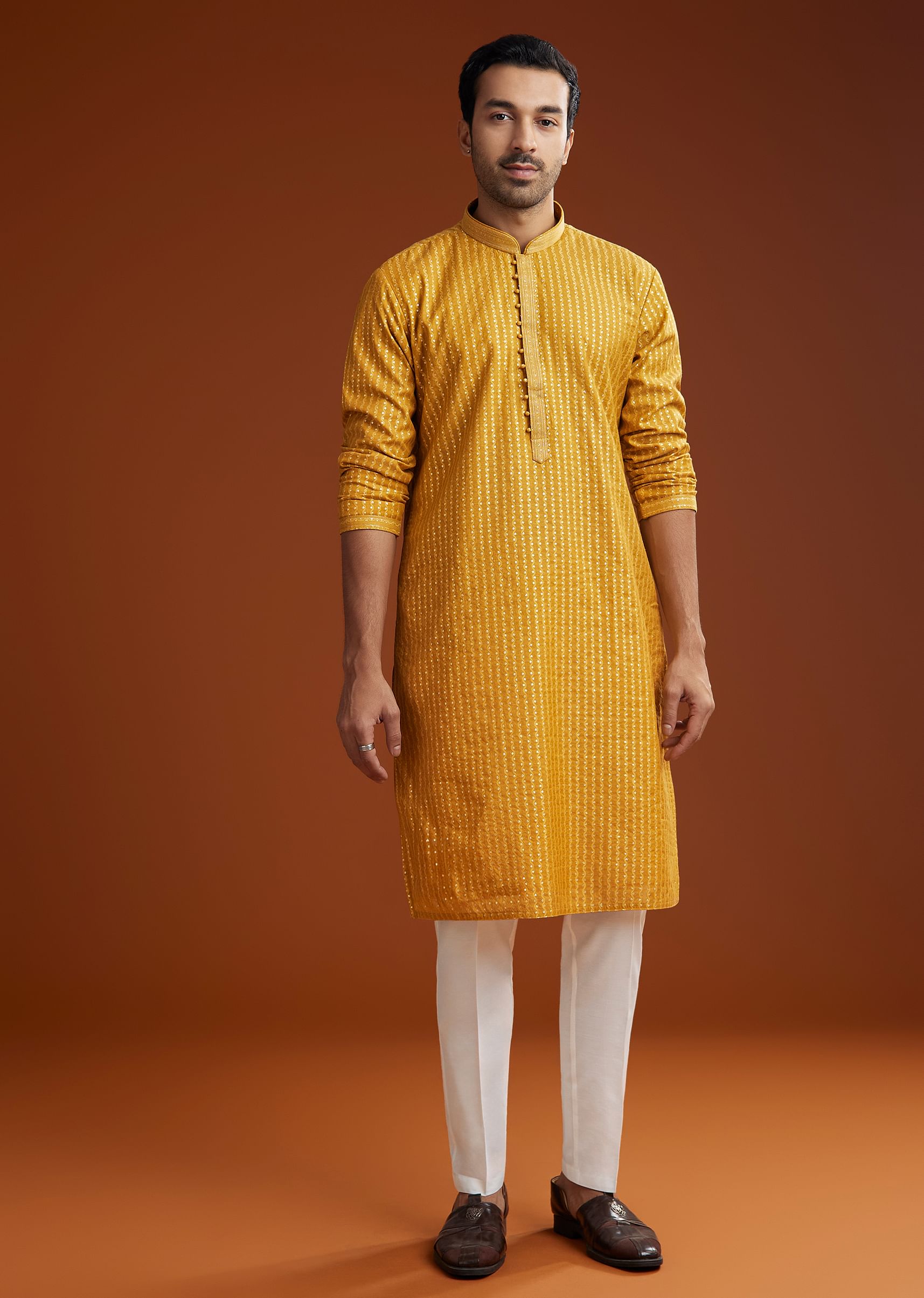 Yellow Banarasi Silk Kurta Pant Set