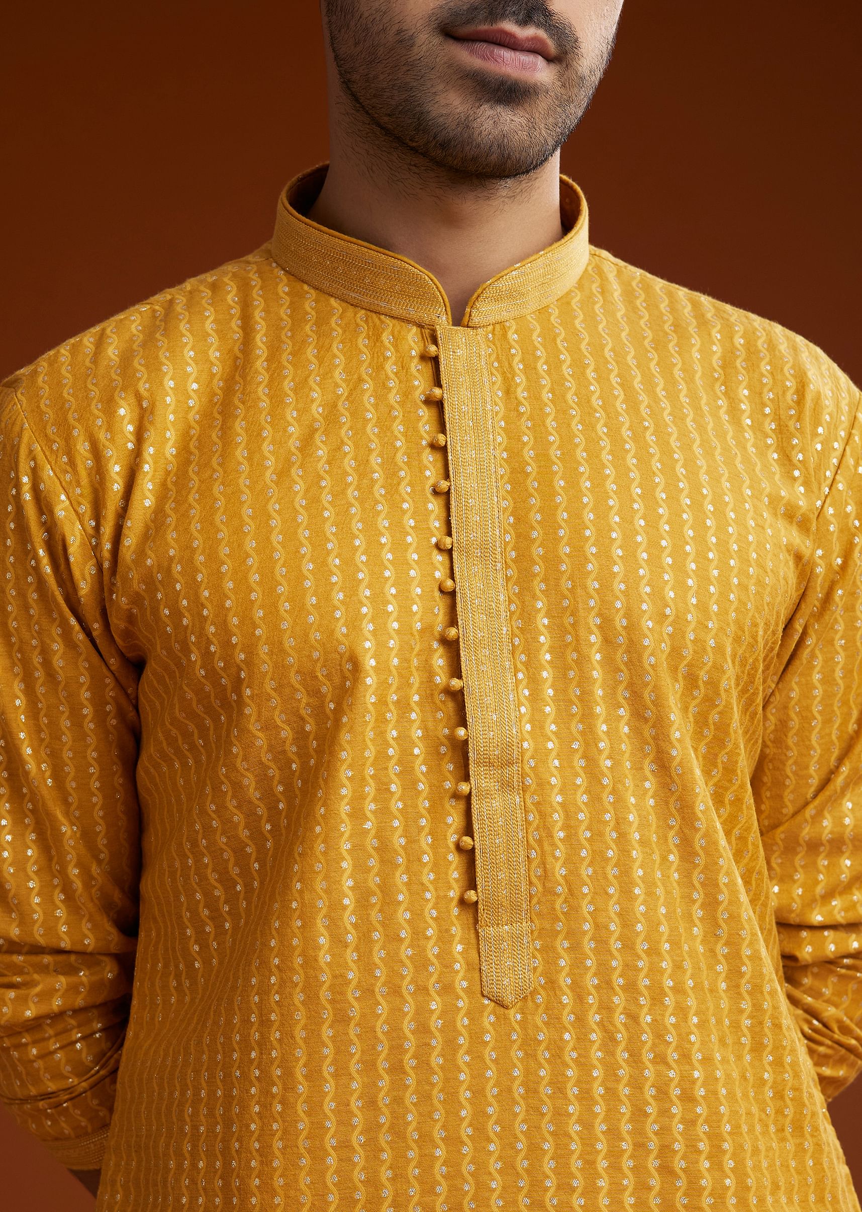 Yellow Banarasi Silk Kurta Pant Set
