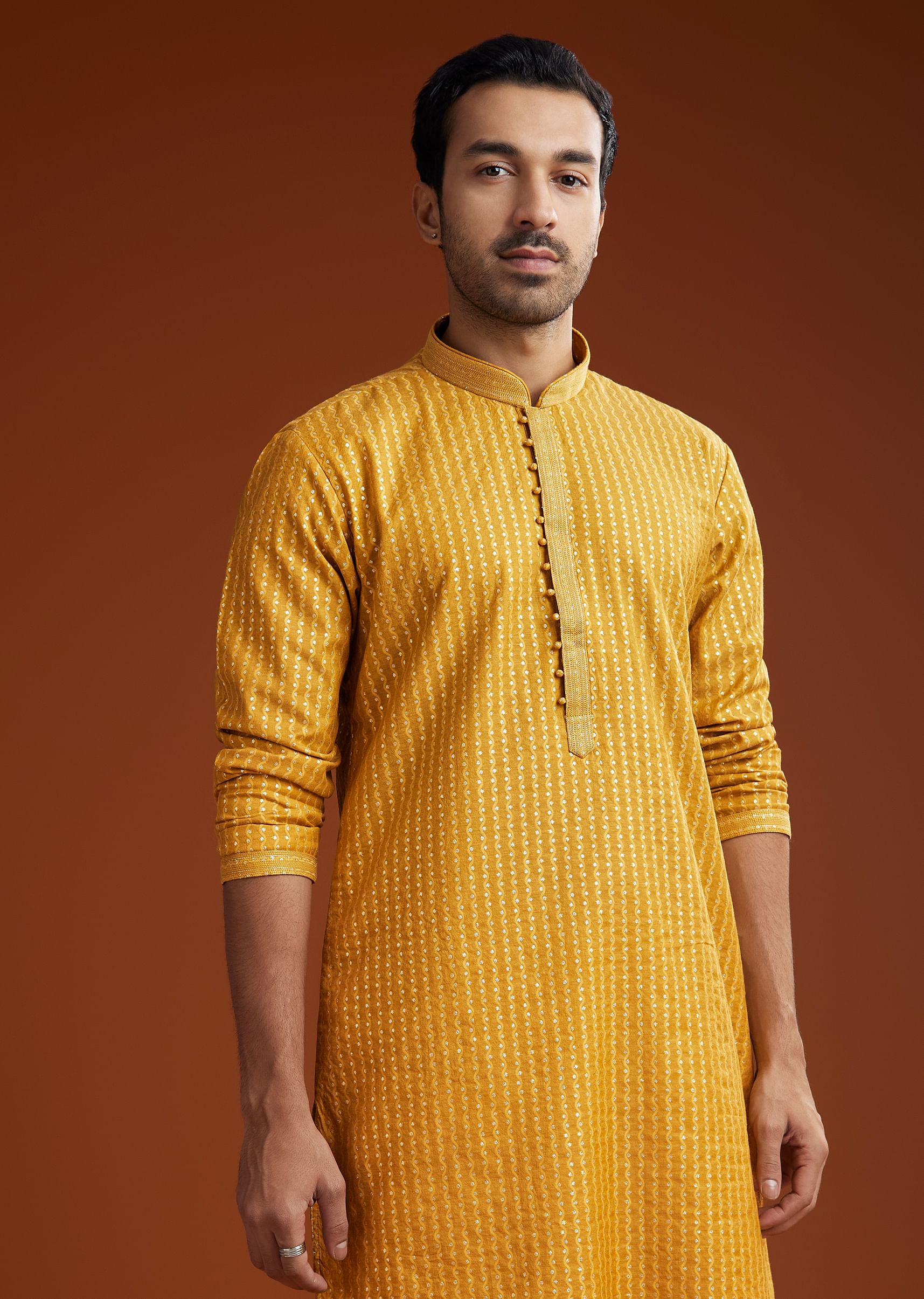 Yellow Banarasi Silk Kurta Pant Set
