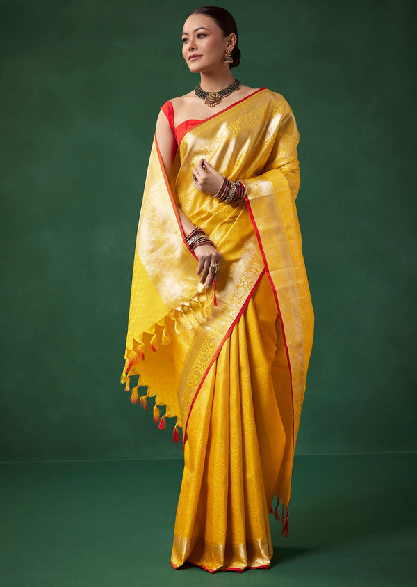 Yellow Bridal Kanjivaram Zari Woven Saree with Unstitched Blouse