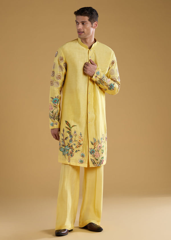 Yellow Chanderi Moti Work Mens Kurta Set