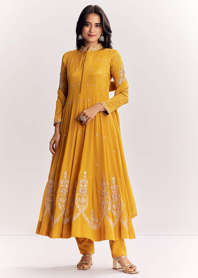 Yellow Chinon Anarkali Suit With Moti Sequins And Cutdana Dupatta