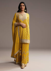 Yellow Chinon Palazzo Suit With Sequin Embroidery