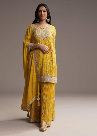Yellow Chinon Palazzo Suit With Sequin Embroidery