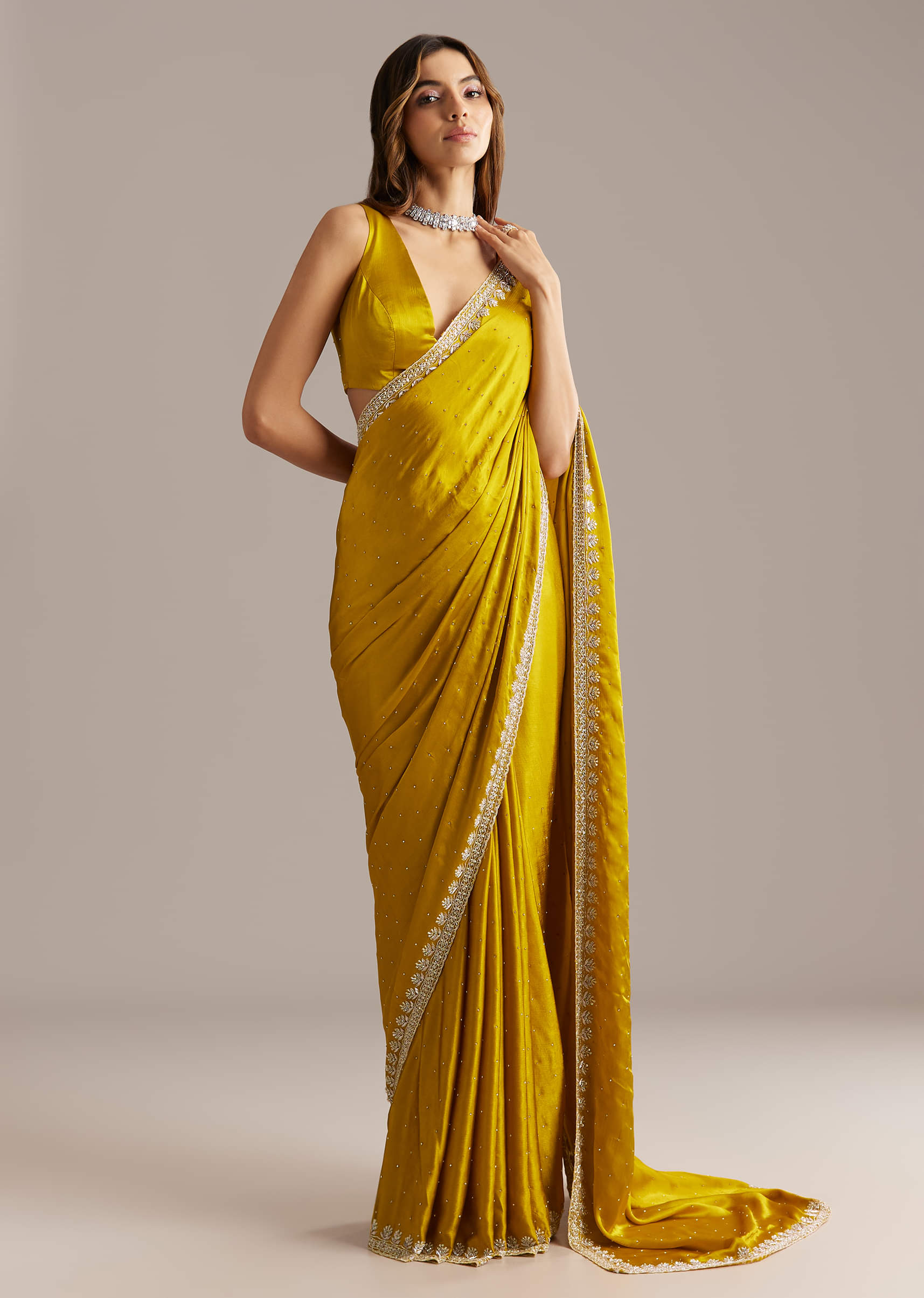 Yellow Chinon Saree With Stone And Sequin Embroidery