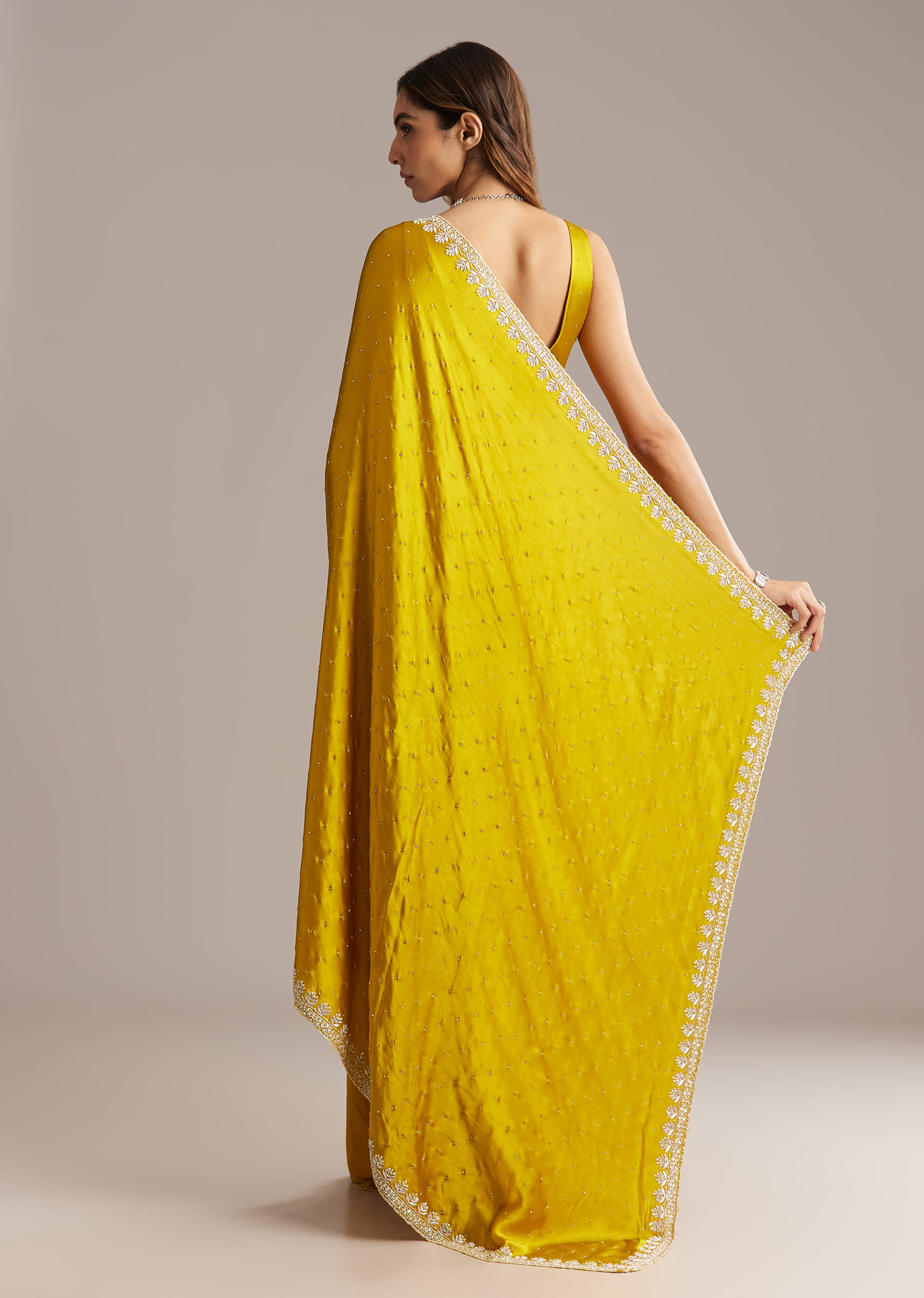 Yellow Chinon Saree With Stone And Sequin Embroidery