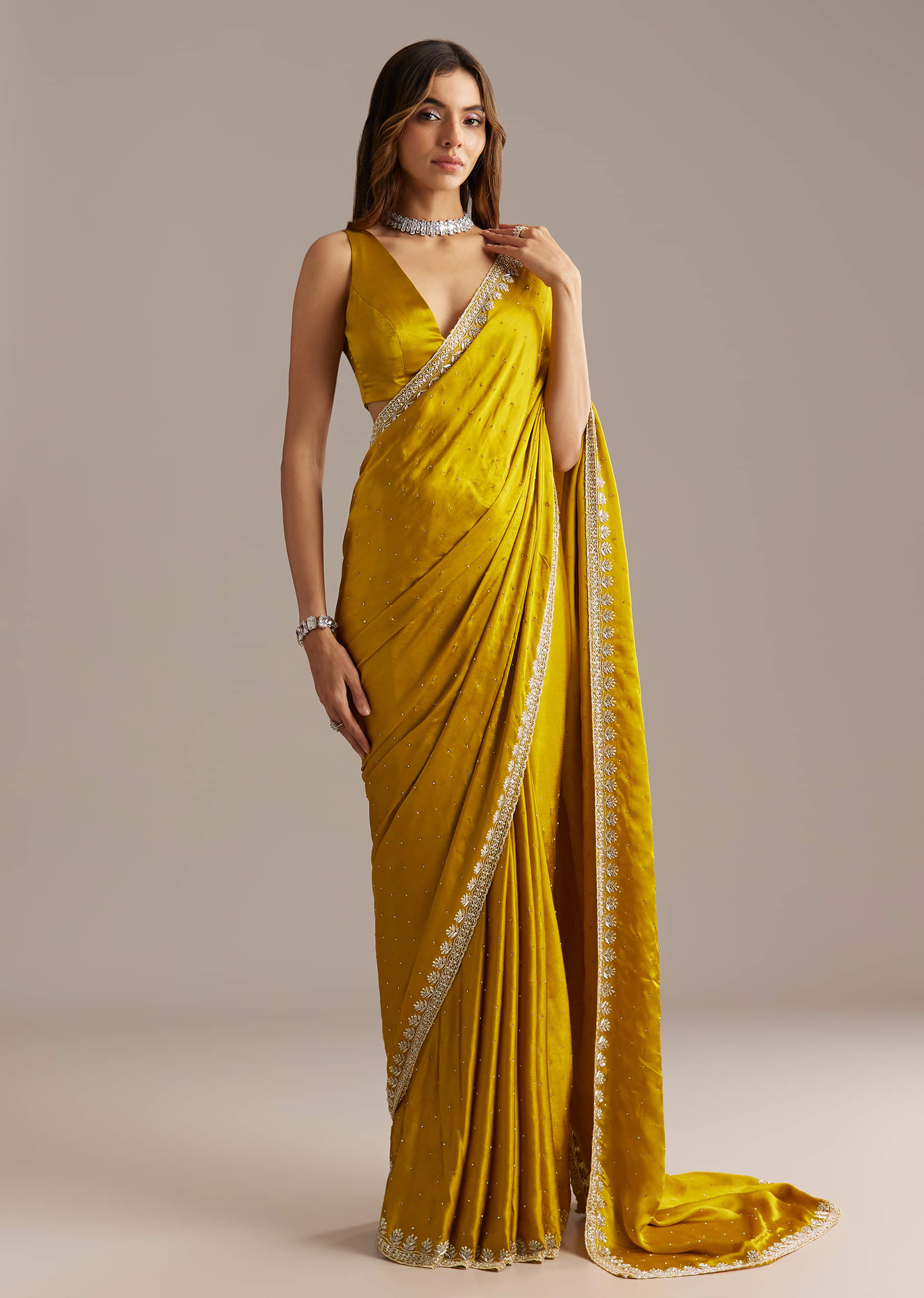 Yellow Chinon Saree With Stone And Sequin Embroidery