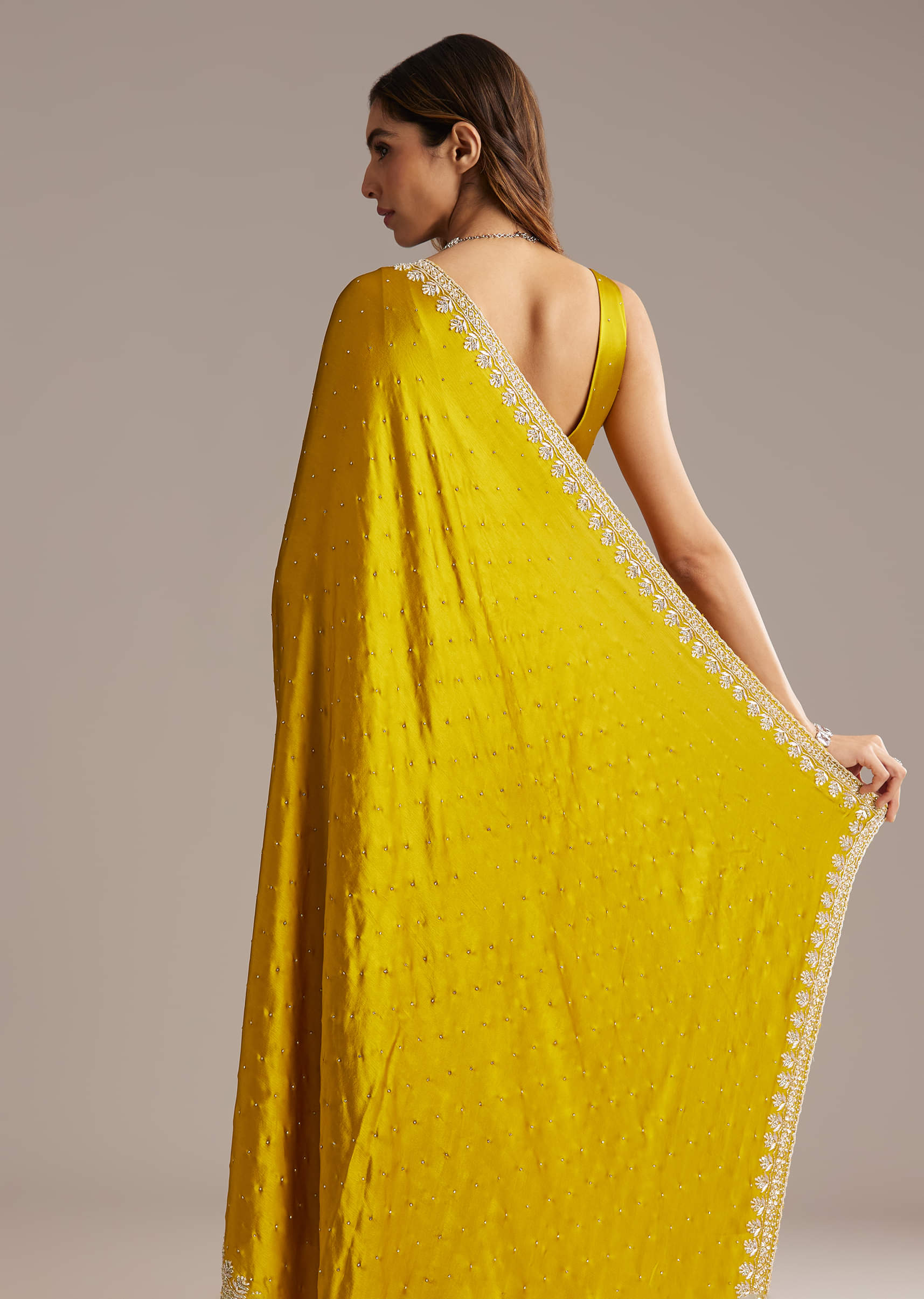 Yellow Chinon Saree With Stone And Sequin Embroidery