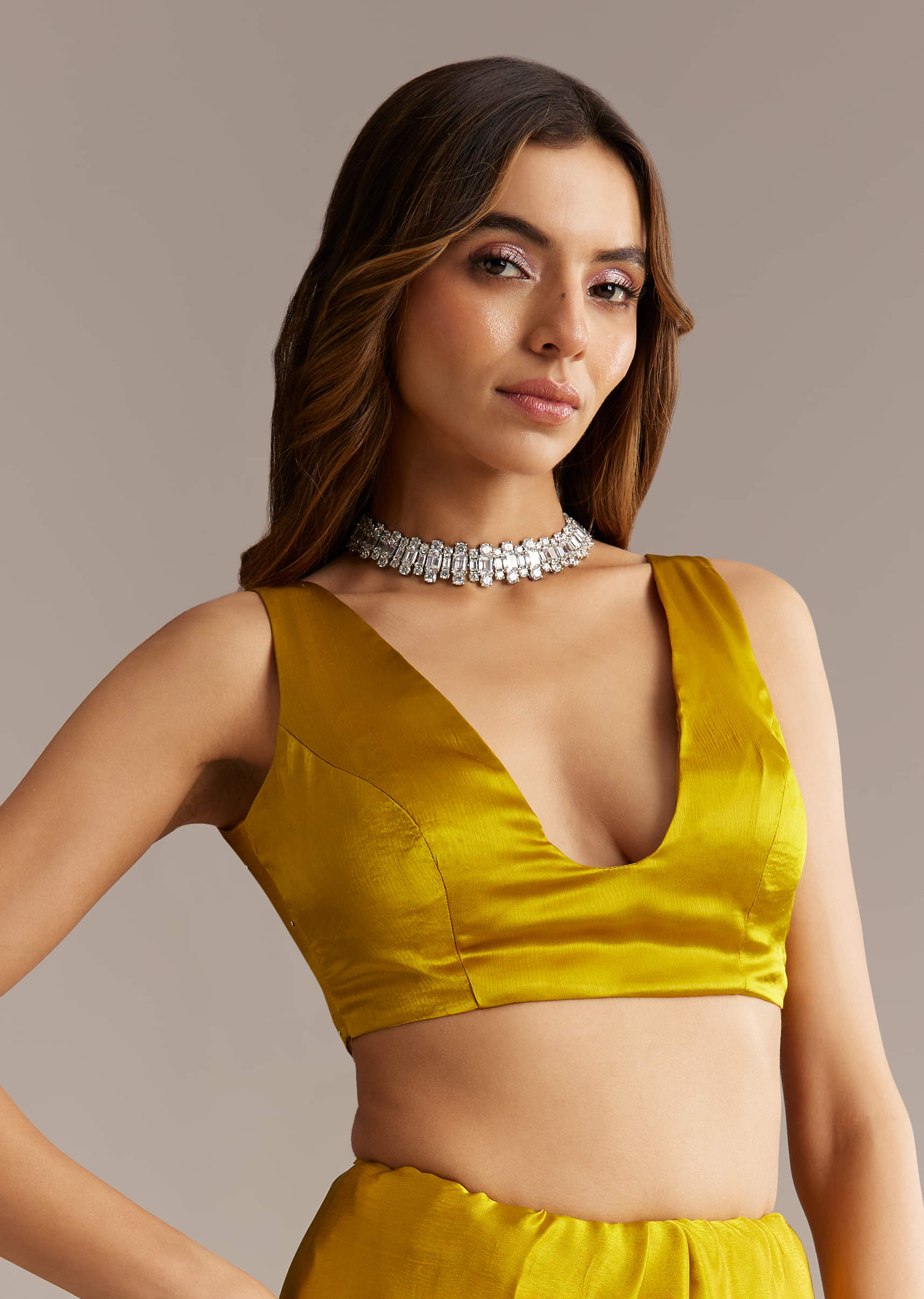 Yellow Chinon Saree With Stone And Sequin Embroidery