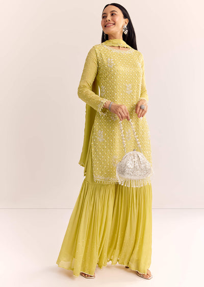 Yellow Chinon Sharara Dupatta Suit With Cutdana Moti And Sequins