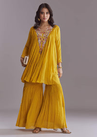 Yellow Chinon Sharara Suit With Embroidery