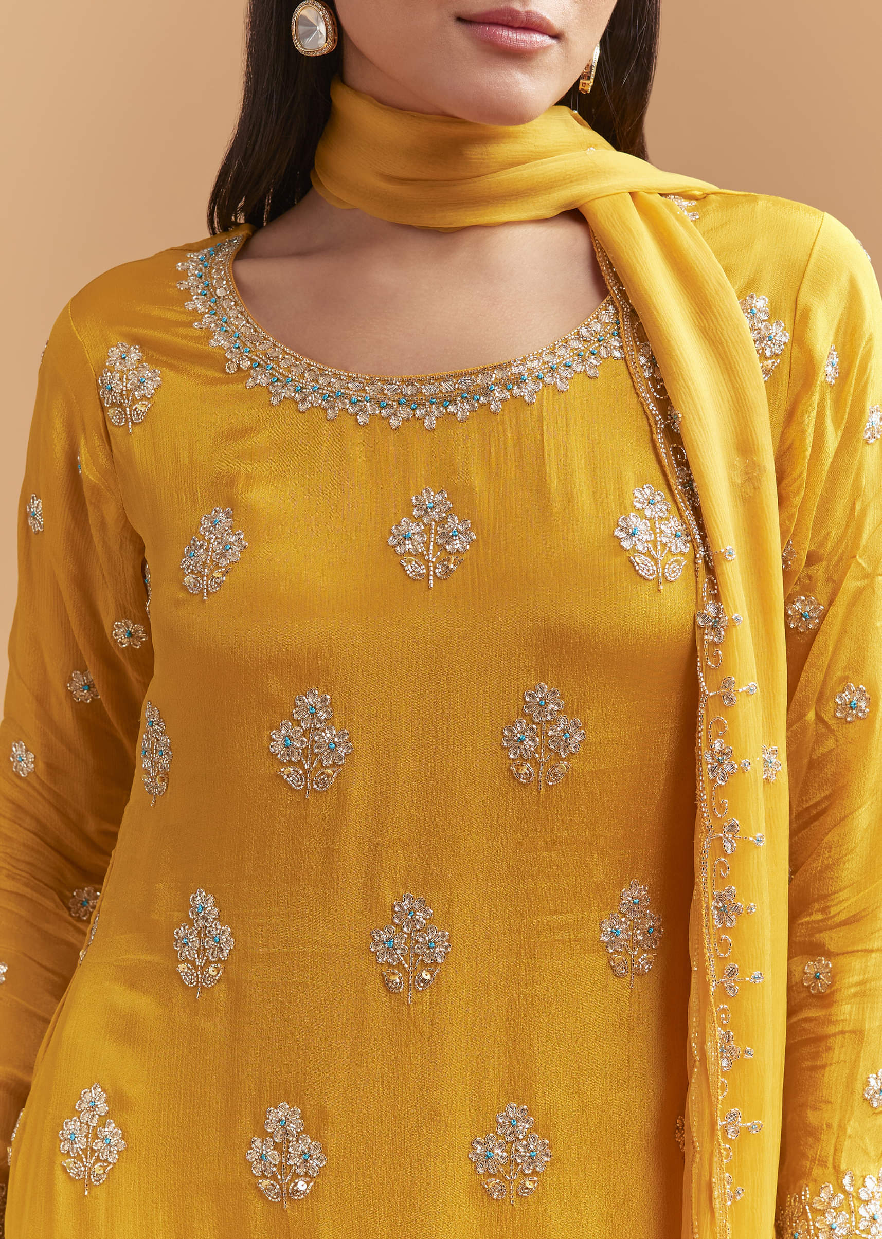 Yellow Chinon Sharara Suit With Intricate Cutdana Work