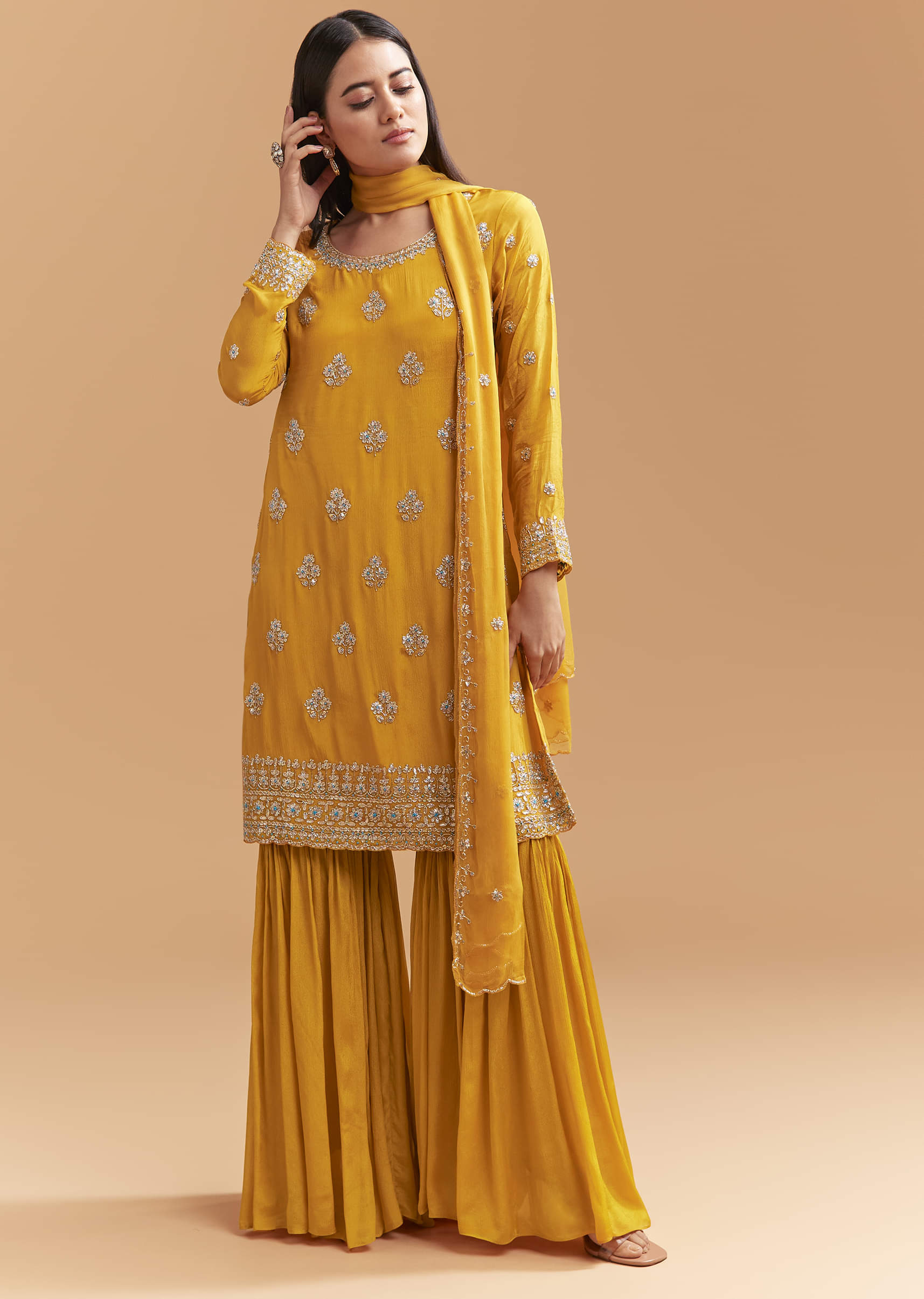 Yellow Chinon Sharara Suit With Intricate Cutdana Work
