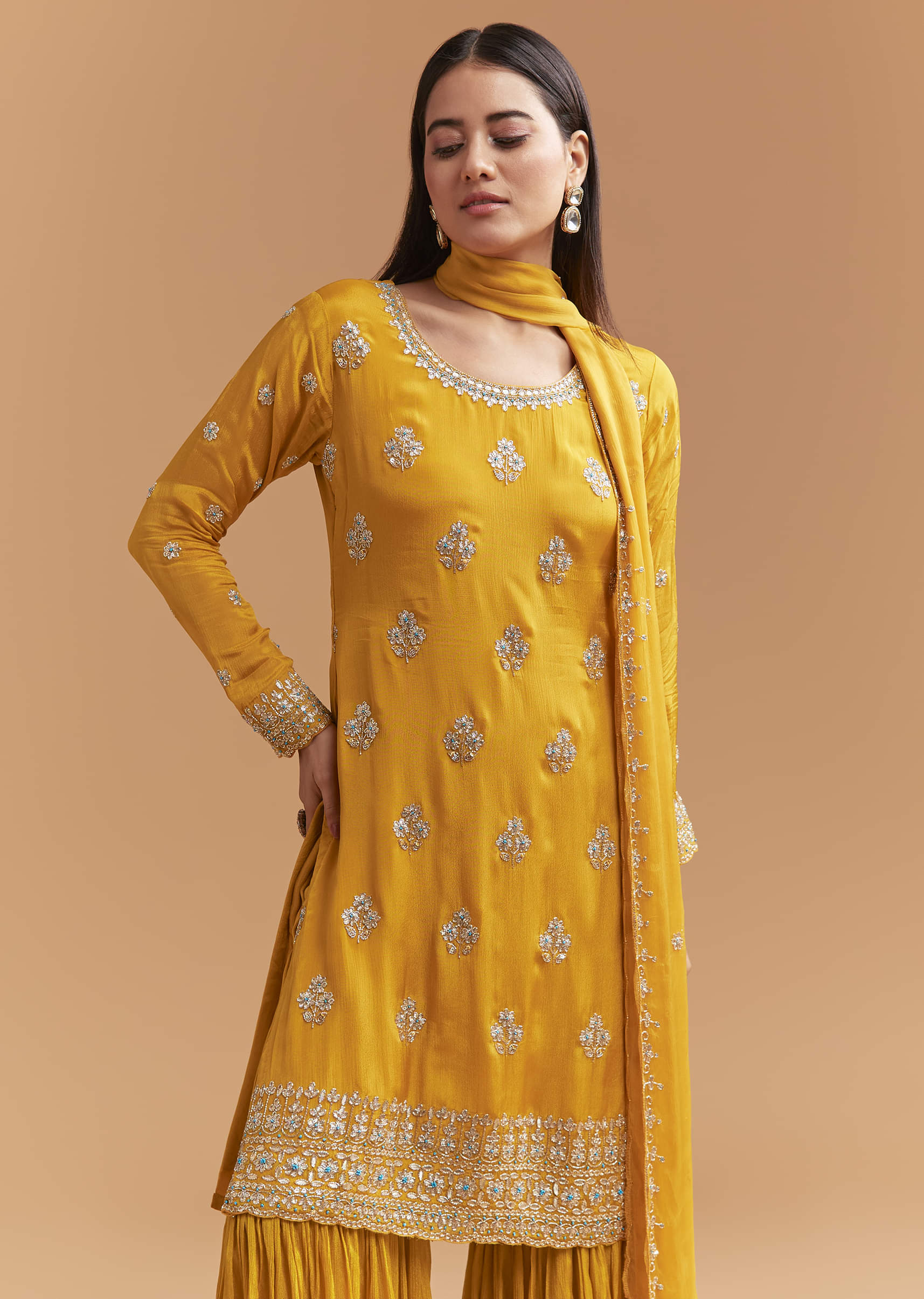 Yellow Chinon Sharara Suit With Intricate Cutdana Work