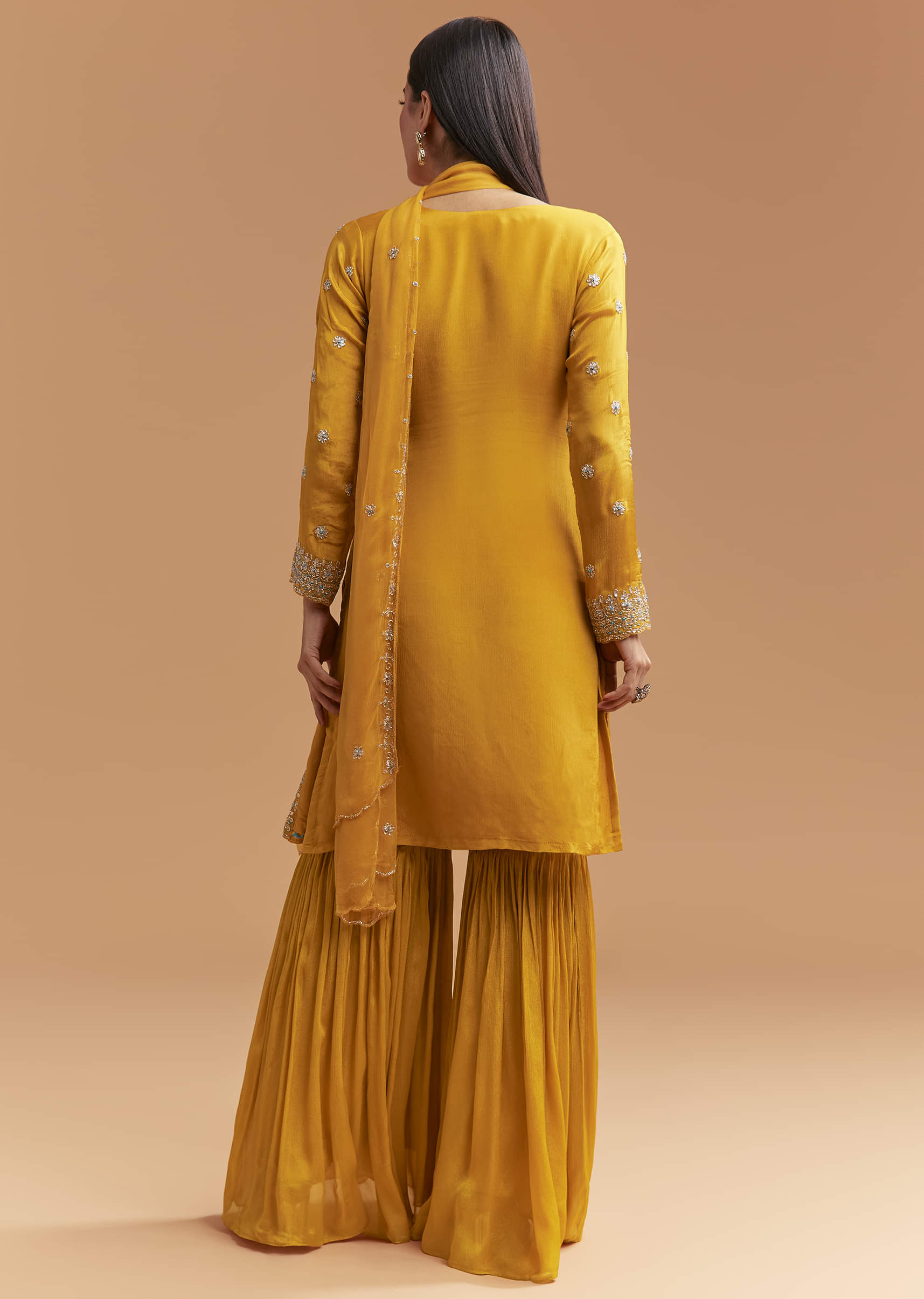 Yellow Chinon Sharara Suit With Intricate Cutdana Work