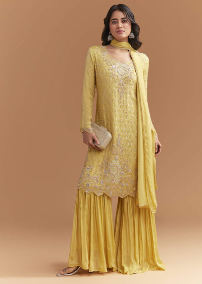 Yellow Chinon Sharara Suit With Sequins And Cutdana Work