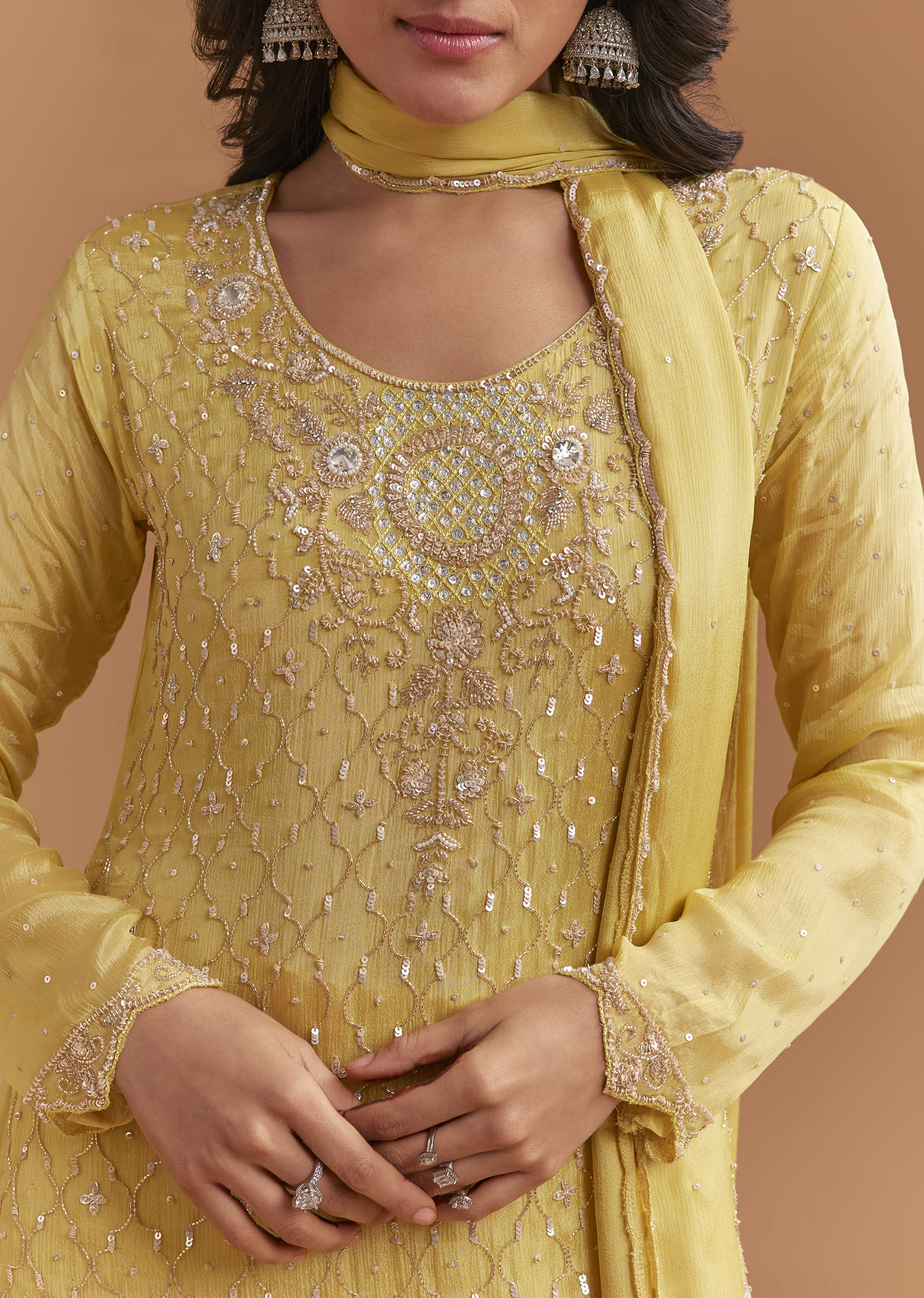 Yellow Chinon Sharara Suit With Sequins And Cutdana Work