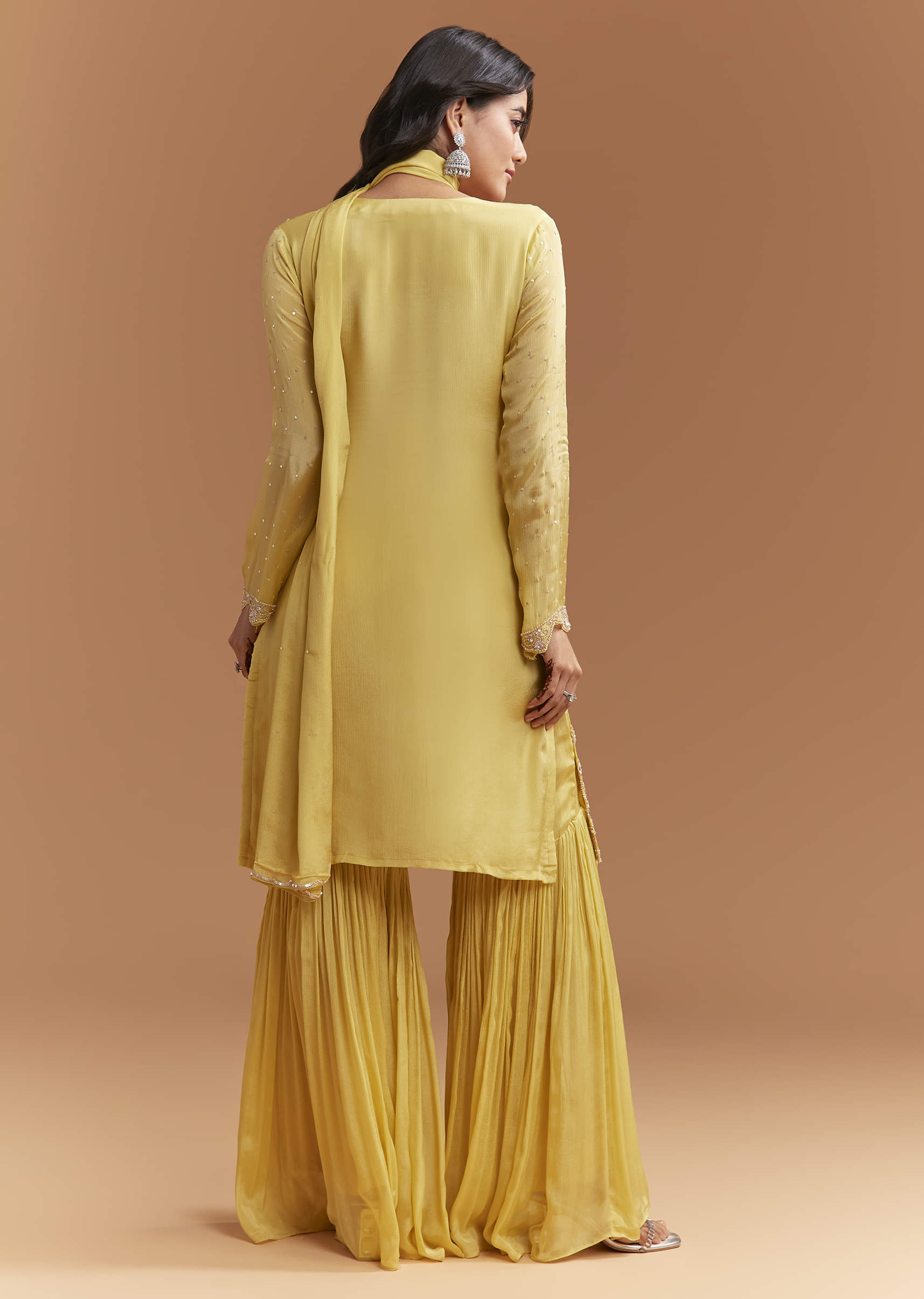 Yellow Chinon Sharara Suit With Sequins And Cutdana Work