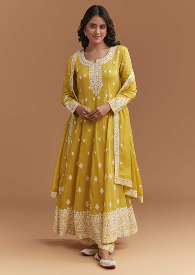 Yellow Cotton Anarkali Suit With Delicate Resham Work