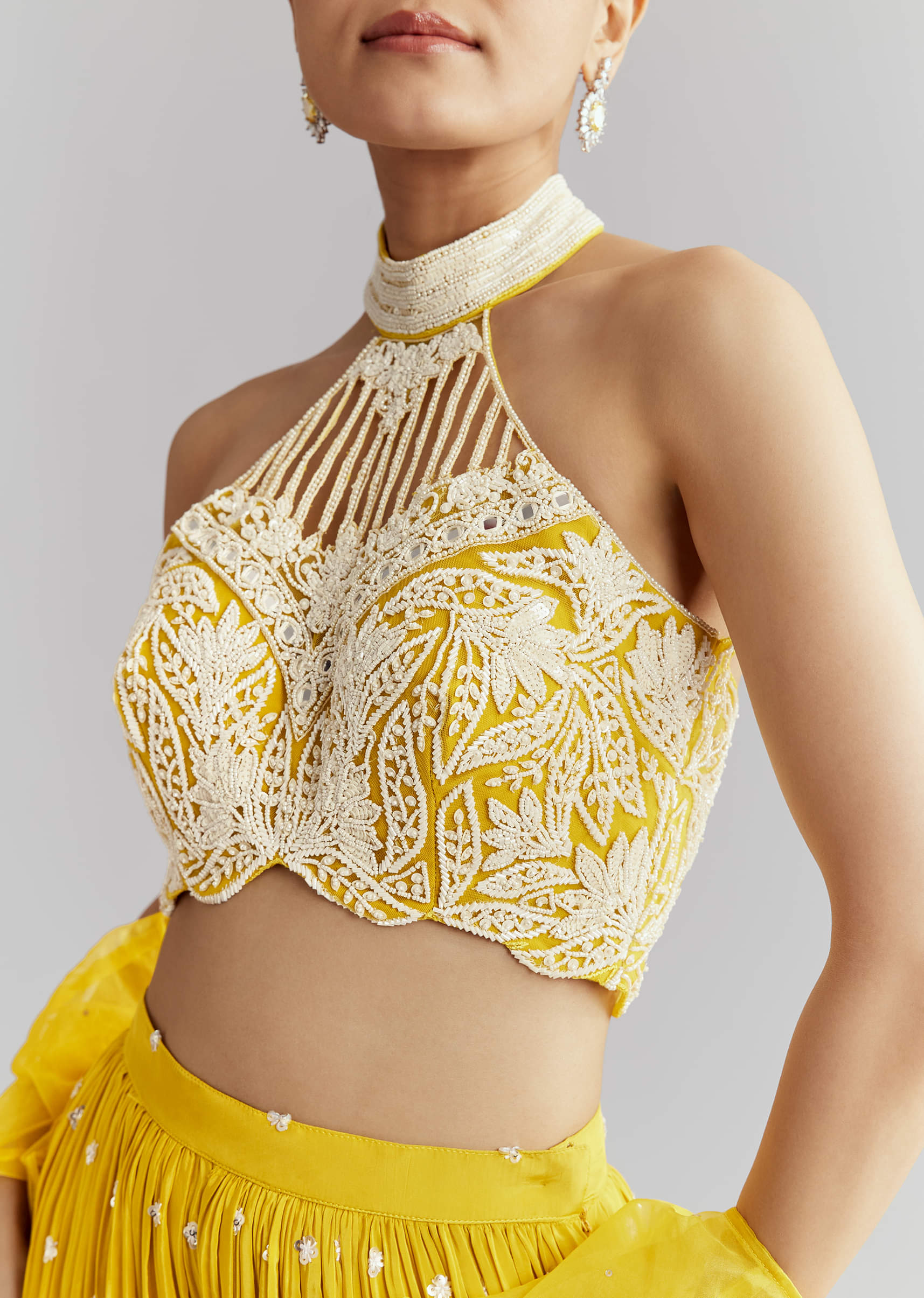 Yellow Crepe Crop Top Palazzo Pant Set With Embroidery