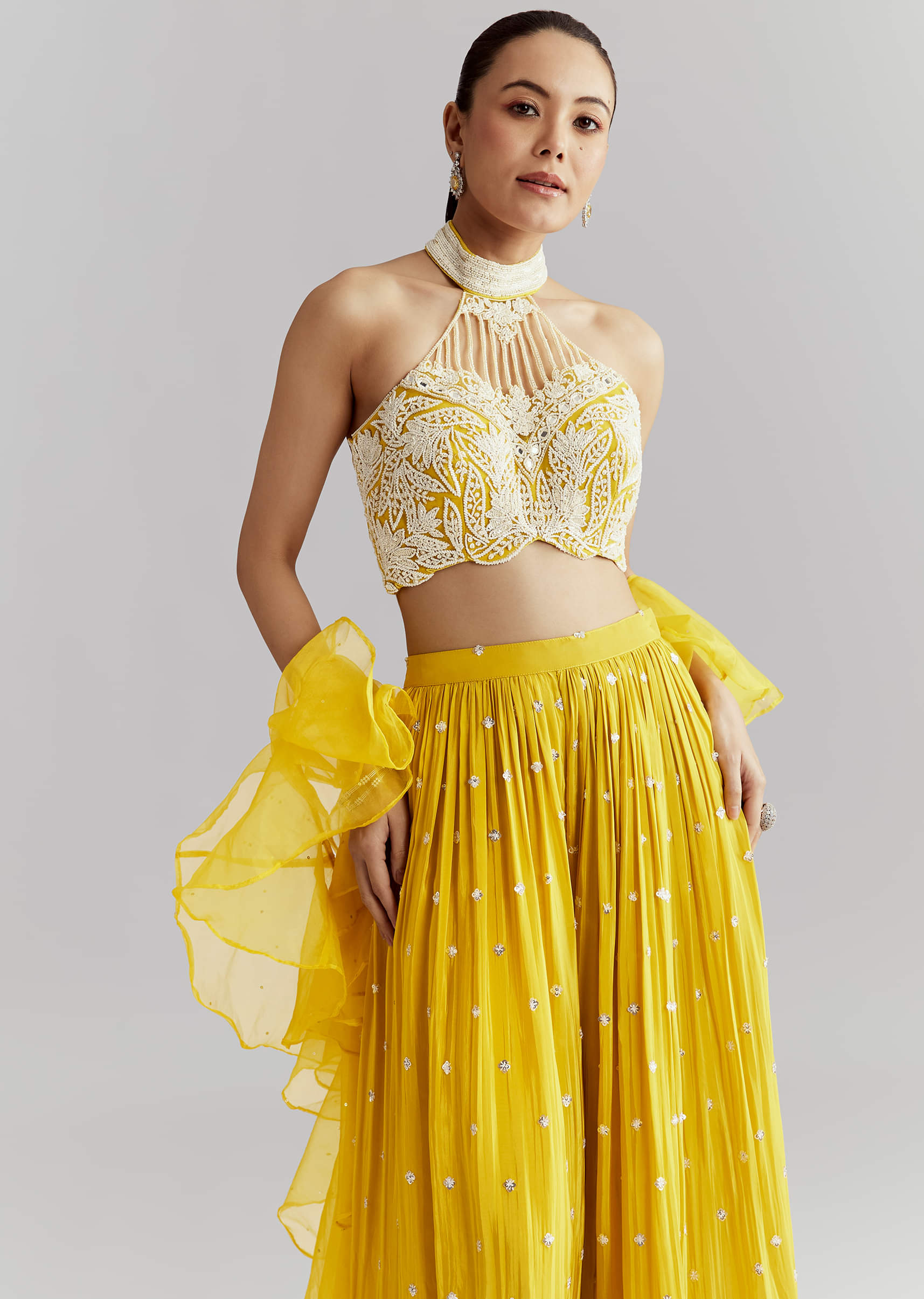 Yellow Crepe Crop Top Palazzo Pant Set With Embroidery