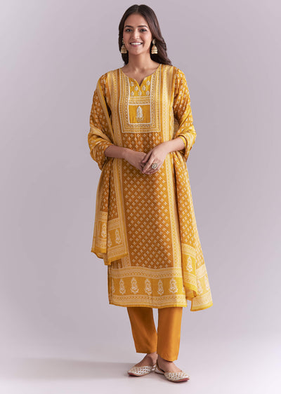 Yellow Crepe Kurta Set With Indie Print And Moti Work