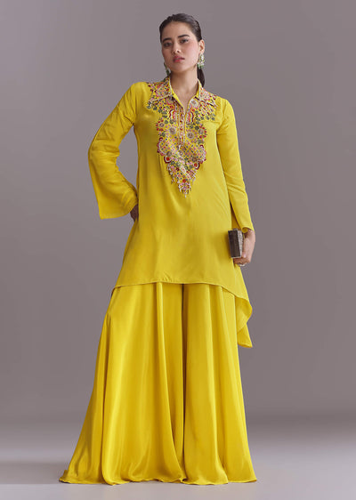 Yellow Crepe Palazzo Suit With Thread And Resham Work