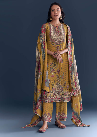 Yellow Crepe Printed Kurta Set With Floral Print