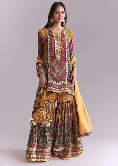 Yellow Crepe Printed Sharara Suit With Gota Detail And Potli