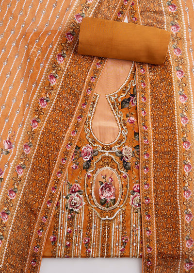 Yellow Crepe Printed Unstitched Suit Set With Dupatta
