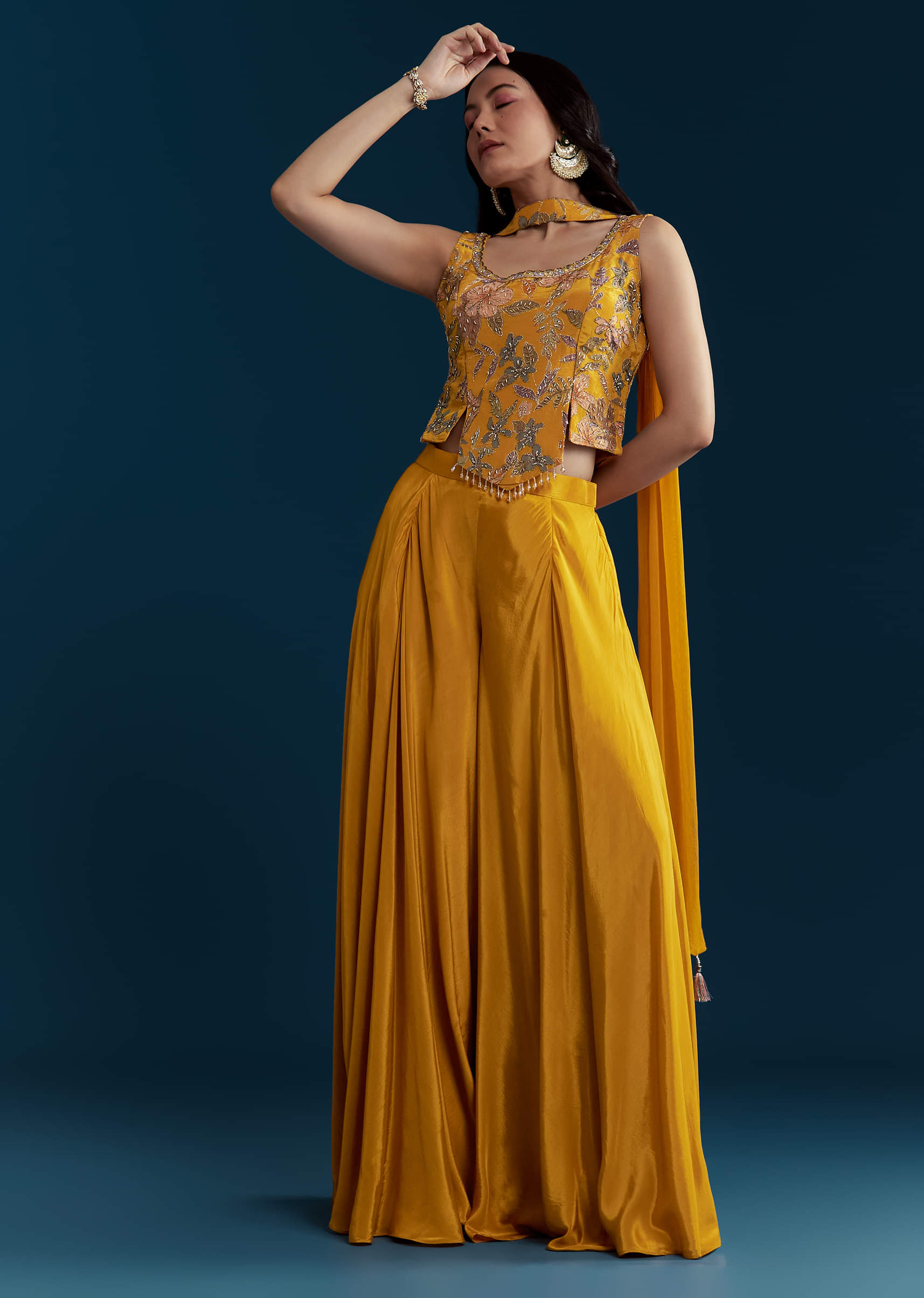 Yellow Crop Top Palazzo Set with Floral Print