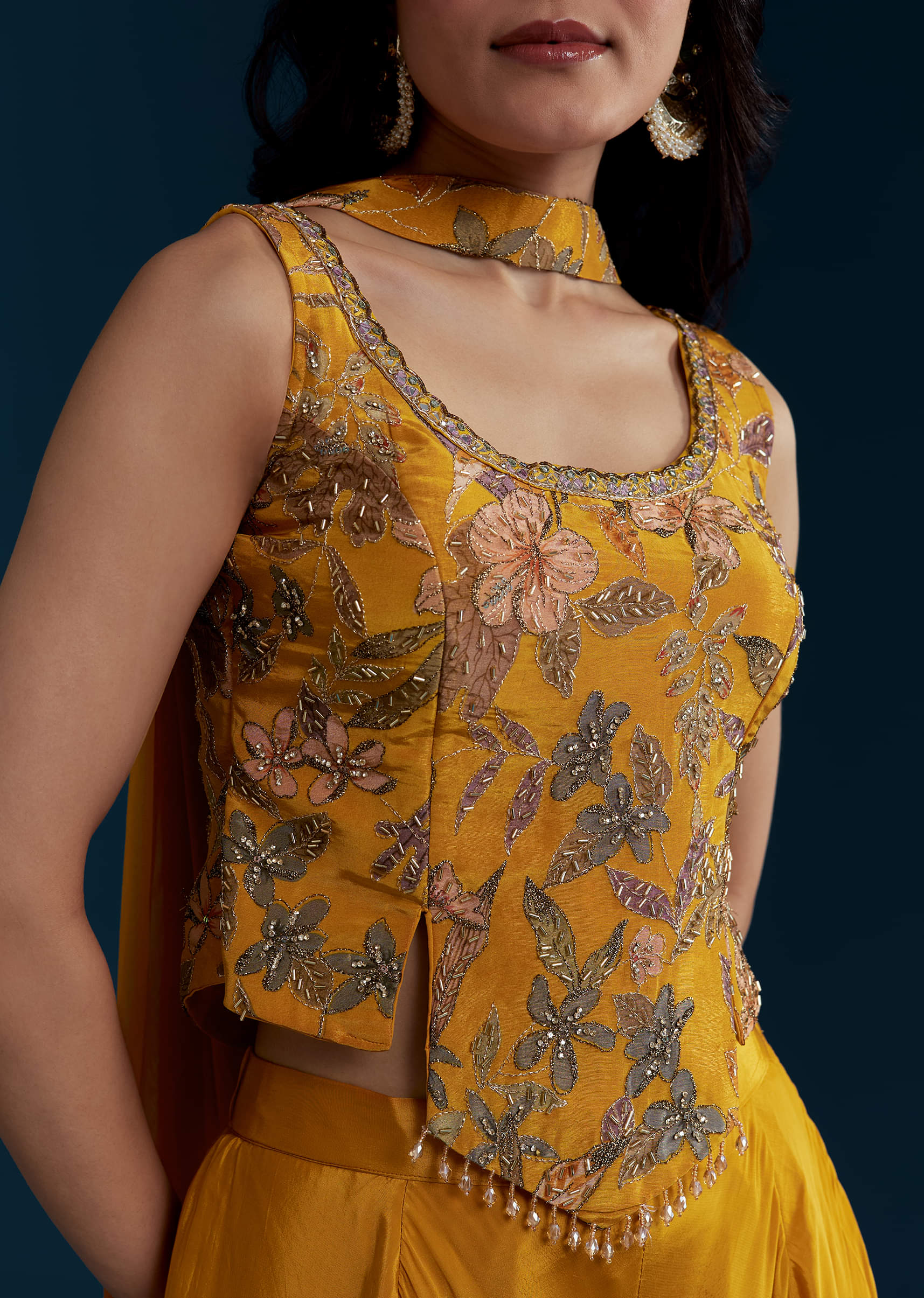 Yellow Crop Top Palazzo Set with Floral Print