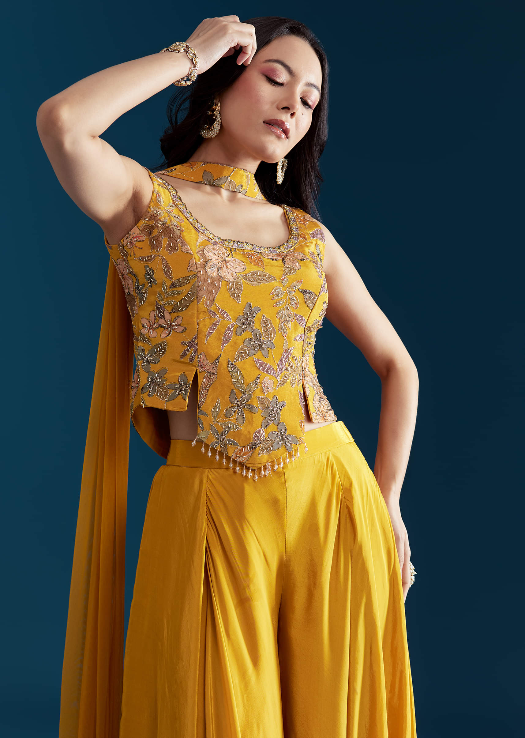Yellow Crop Top Palazzo Set with Floral Print
