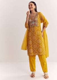 Yellow Dola Silk Printed Kurta Dupatta Set With Embroidered Neckline