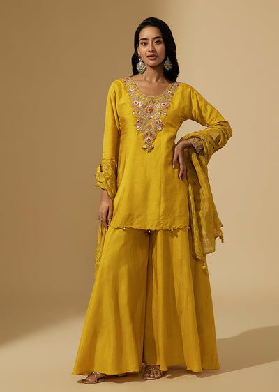 Yellow Dola Silk Resham And Zardozi Embroidered Palazzo Suit Set With Dupatta