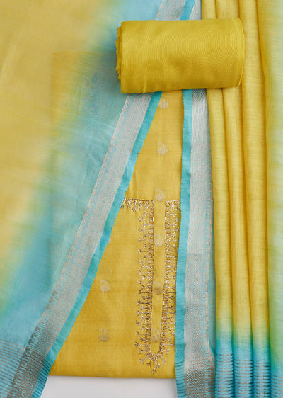 Yellow Dola Silk Zari Woven Unstitched Suit Set With Dupatta