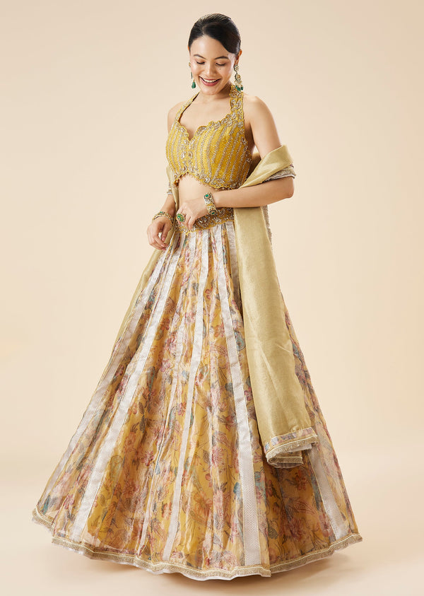 Yellow Floral Print And Embroidered Lehenga Set