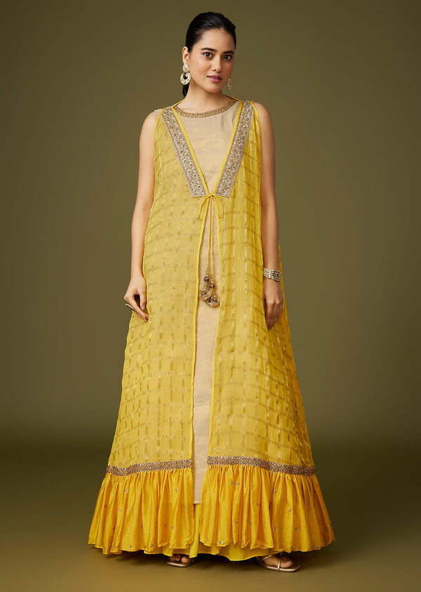 Yellow Fusion Lehenga With Banarasi Kurta And Embellished Jacket