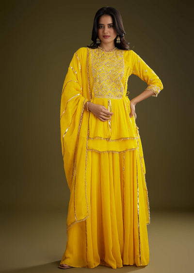 Yellow Georgette Gotta Lace Kurta Set With Cut Dana and Sequins Embellishments