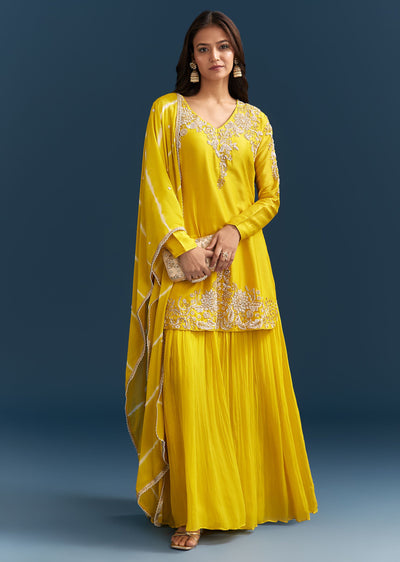 Yellow Georgette Kurta Skirt Set With Sequins Work And Dupatta