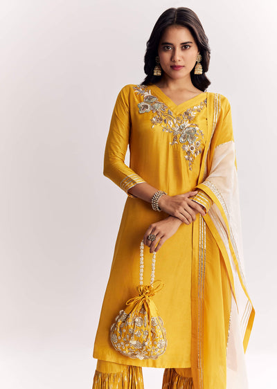 Yellow Gotta Work Kurta Sharara Suit In Russian Silk