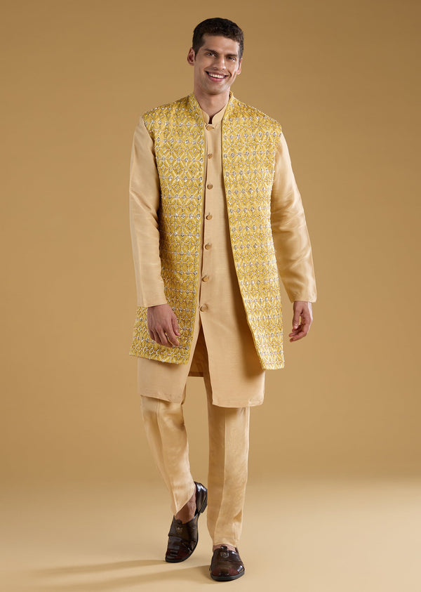 Yellow Jacquard Embroidered Jacket and Kurta Set